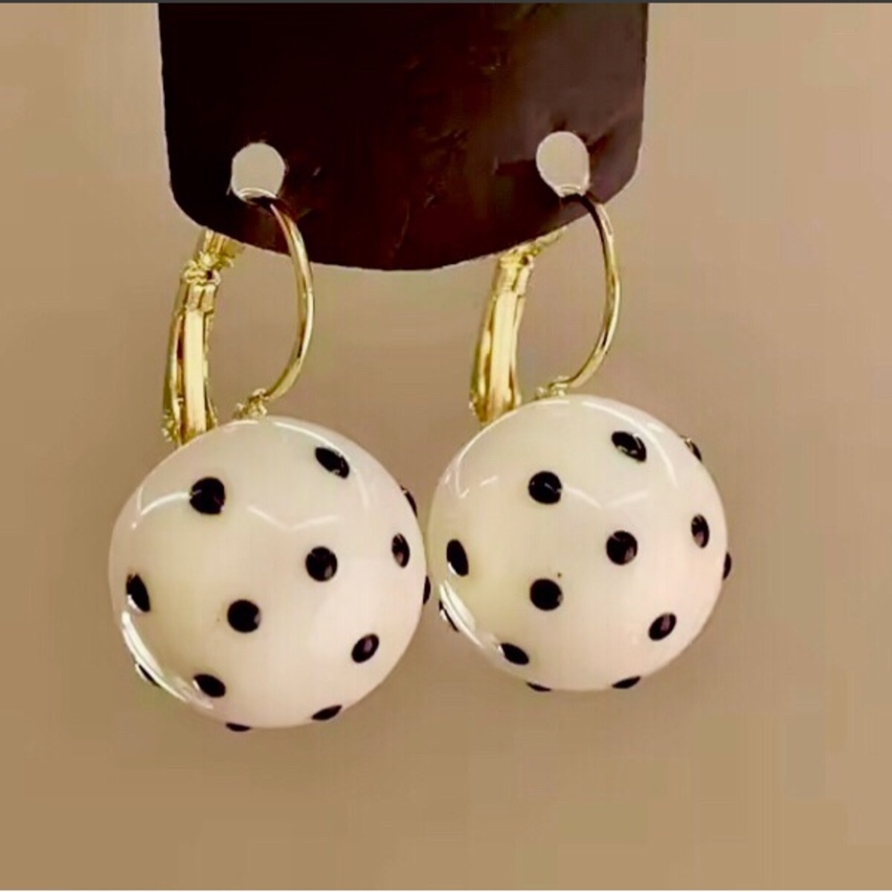 Large Gold White Hoop Earrings with Black Polka Dot Globe Ball Spheres